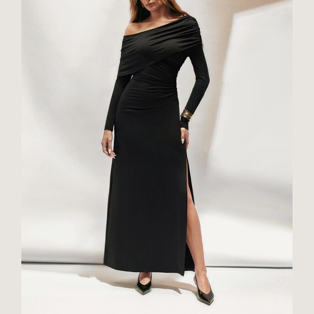 Black Asymmetrical Neck Ruched Long Sleeve Slit Maxi Dress